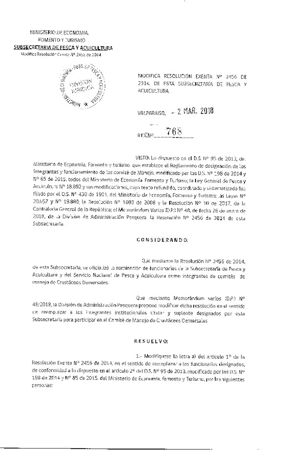 Res. Ex. N° 768-2018 Modifica Res. Ex. N° 2456-2014 Oficializa Nominación de Funcionarios de la Subsecretaría de Pesca y Acuicultura y del Servicio Nacional de Pesca y Acuicultura. Comités de Manejo de Crustáceos Demersales.