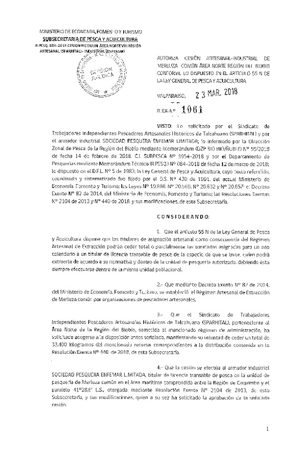 Res. Ex. N° 1061-2018 Autoriza cesión Merluza común área norte, Región del Biobío.