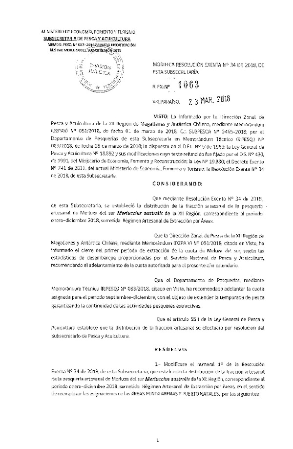 Res. Ex. N° 1063-2018 Modifica Res. Ex. N° 34-2018 Distribución de la Fracción Artesanal de Pesquería de Merluza del Sur, XII Región, Año 2018. (Publicado en Página Web 23-03-2018)