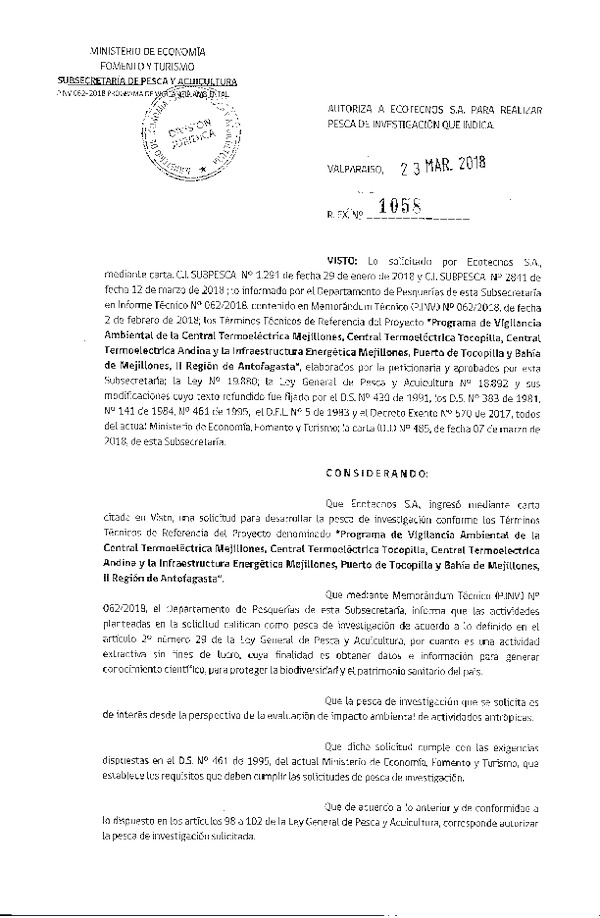 Res. Ex. N° 1058-2018 Programa de vigilancia ambiental, Región de Antofagasta.