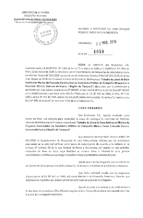Res. Ex. N° 1059-2018 Estudio de línea de base ambiental, Región de Tarapacá.