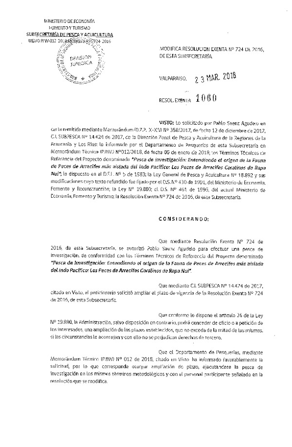 Res. Ex. N° 1060-2018 Modifica 	Res. Ex. N° 724-2016 El Origen de la fauna de Peces de Arrecifes más Aisladas del Indo Pacífico.