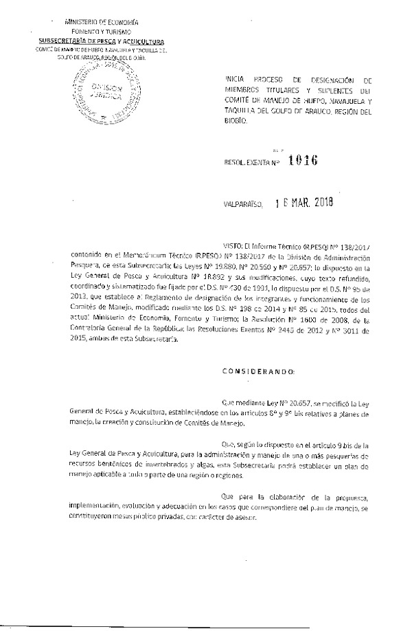 Res. Ex. N° 1016-2018 Inicia Proceso de designación de Miembros Comité de Manejo de Huepo, Navajuela y Taquilla del Golfo de Arauco, Región del Biobío. (F.D.O. 26-03-2018)