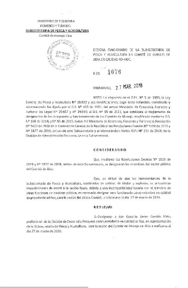 Res. Ex. N° 1076-2018 Designa funcionario de la Subsecretaría de Pesca y Acuicultura en Comité de Manejo de Jibia de Profundidad, en calidad Ad-Hoc. (Publicado en Página Web 27-03-2018)