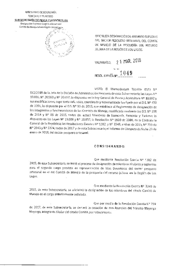 Res. Ex. N° 1049-2017 Oficializa  Designación de Miembro Suplentes del Sector Pesquero Artesanal del Comité de Manejo de la Pesquería del Recurso Juliana, de la Región de Los Lagos. (F.D.0. 28-03-2018)