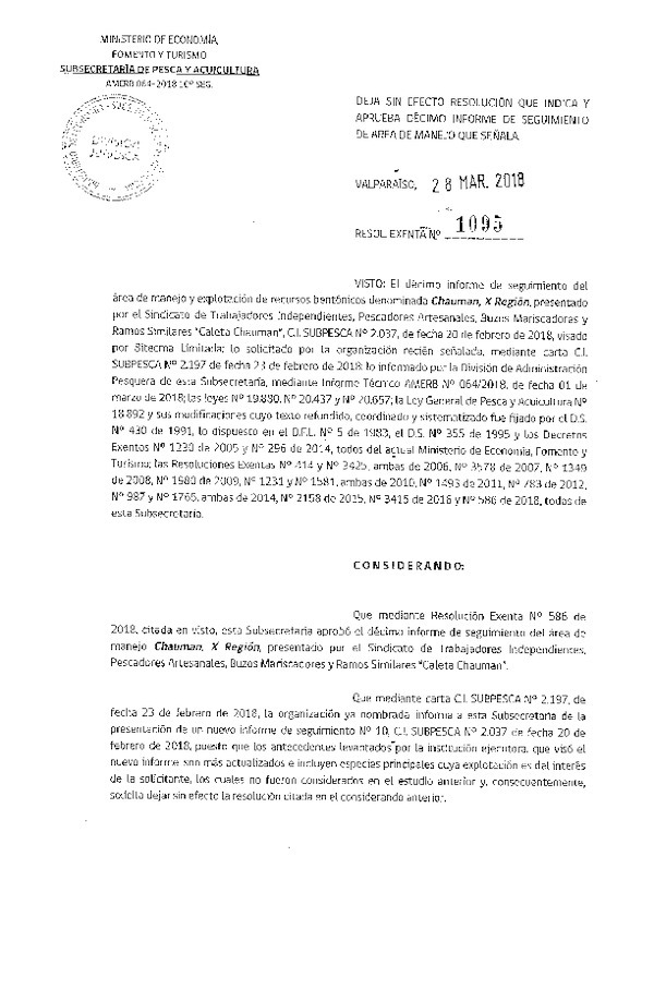 Res. Ex. N° 1095-2018 Deja sin efecto Res. Ex. N° 586-2018. Aprueba 10° Seguimiento.