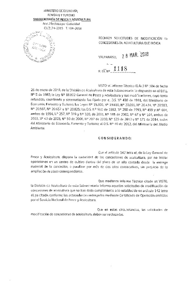 Res. Ex. N° 1118-2018 Rechaza solicitudes de modificación de concesiones de acuicultura que indica.