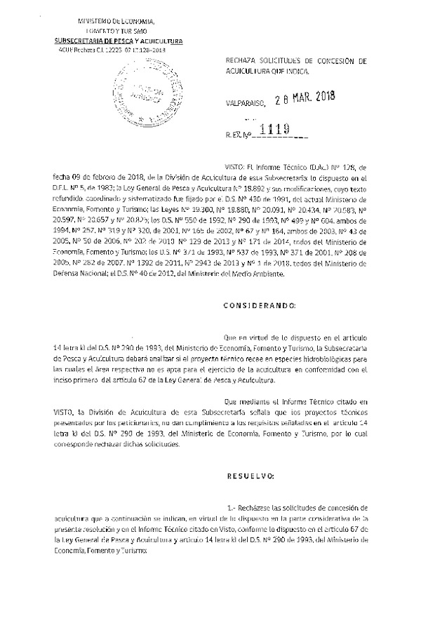 Res. Ex. N° 1119-2018 Rechaza solicitudes de concesión de acuicultura que indica.