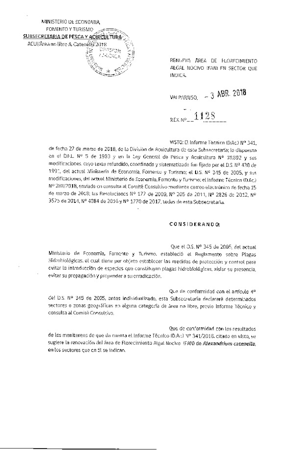 Res. Ex. N° 1128-2018 Renueva Área de Florecimiento Algal Nocivo (FAN) en Sector que Indica. (Publicado en Página Web 03-04-2018) (F.D.O. 11-04-2018)