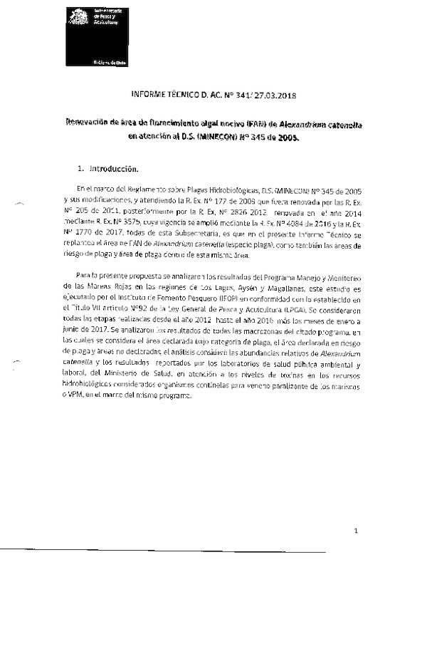 INFORME TÉCNICO D. AC. N° 341/27.03.2018  Renovación de área de florecimiento algal nocivo (FAN) de Alexamdrium catenella. (Publicado en Página Web 03-04-2018)