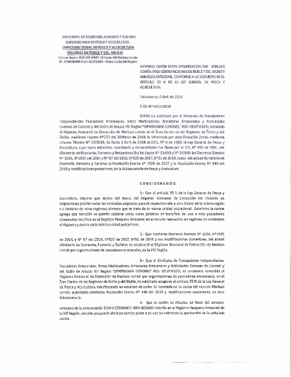 Res. Ex. N° 17-2018 (DZP VIII) Autoriza Cesión Merluza común, Regiones de Ñuble y del Biobío.