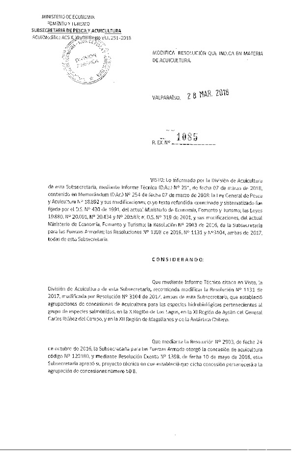 Res. Ex. N° 1085-2018 Modifica Res. Ex. N° 1131-2017 Actualiza y Reemplaza Resolución que Establece Agrupaciones de Concesiones de Acuicultura de Salmónidos en las Regiones X, XI y XII. Deja sin Efecto Resoluciones que Indica. (F.D.O. 05-04-2018)