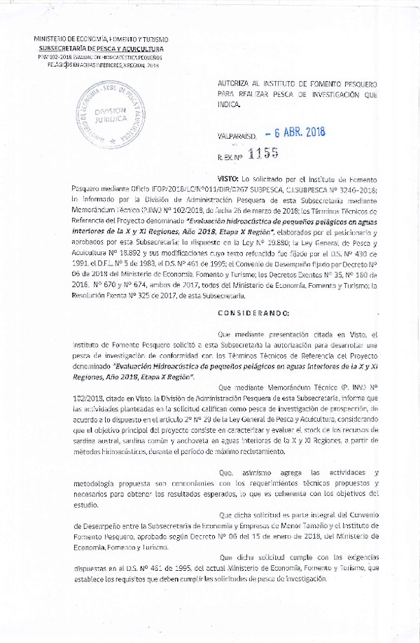 Res. Ex. N° 1155-2018 Evaluación Hidroacústica de pequeños  pelágicos en aguas interiores.