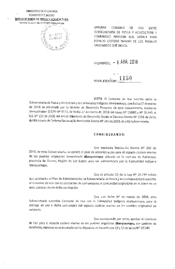 Res. Ex. N° 1150-2018 Aprueba Convenio de Uso Entre Subsecretaría de Pesca y Acuicultura y Comunidad Indígena que Señala, Región de Los Lagos. (Publicado en Página Web 06-04-2018)