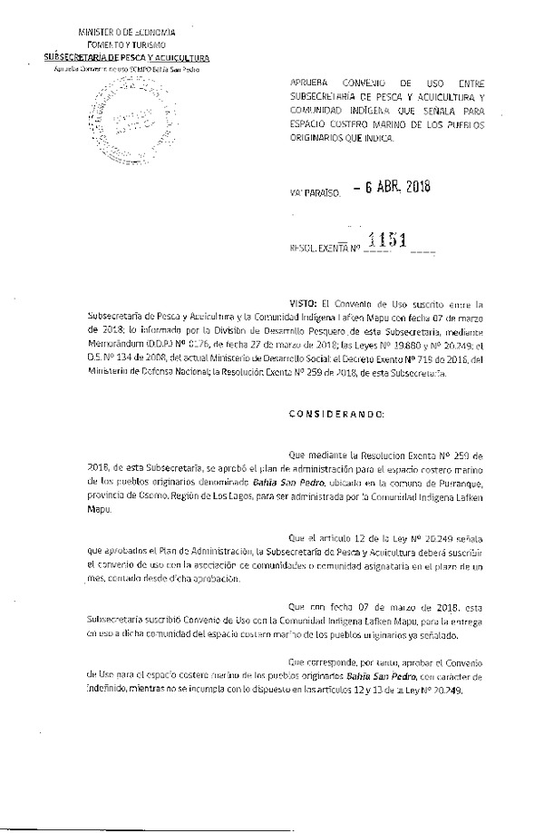 Res. Ex. N° 1151-2018 Aprueba Convenio de Uso Entre Subsecretaría de Pesca y Acuicultura y Comunidad Indígena que Señala, Región de Los Lagos. (Publicado en Página Web 06-04-2018)