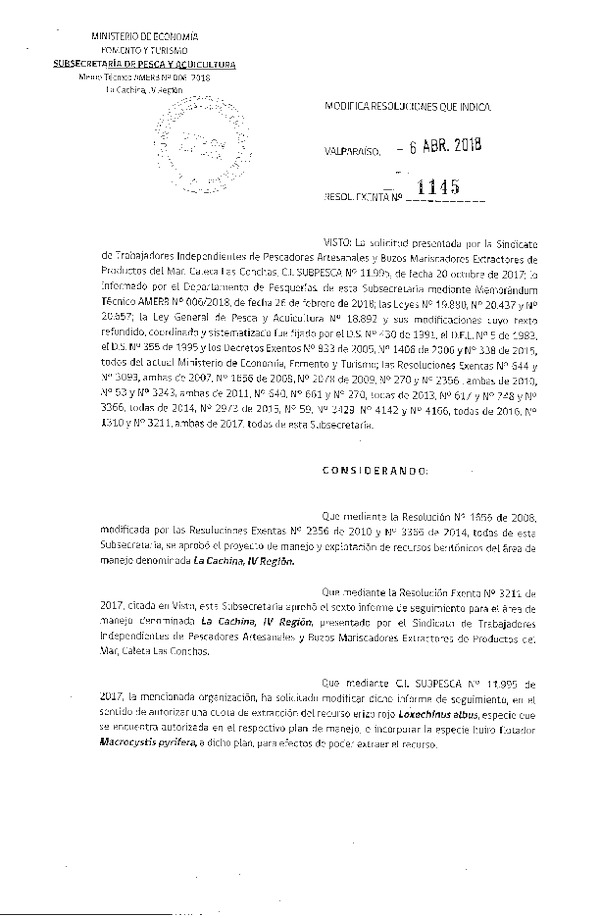 Res. Ex. N° 1145-2018 Modifica Res. Ex. N° 1656-2008.