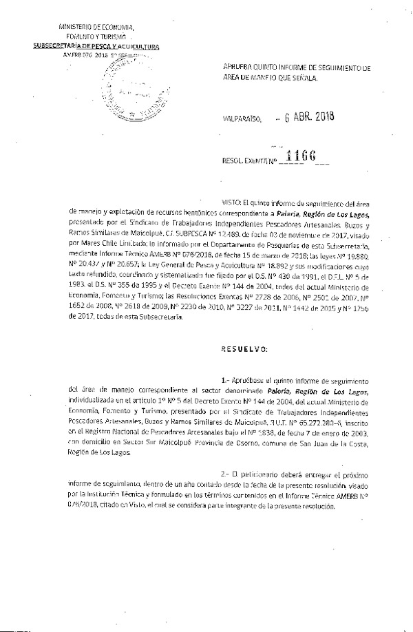 Res. Ex. N° 1166-2018 5° Seguimiento.