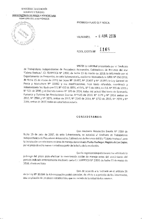 Res. Ex. N° 1168-2018 Prorroga Acción de Manejo.