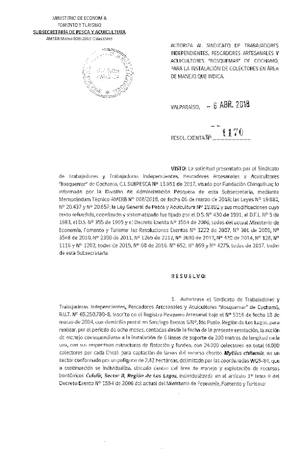 Res. Ex. N° 1170-2018 Instalación de Colectores.
