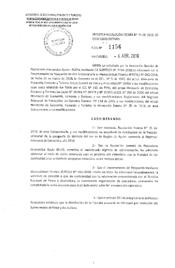 Res. Ex. N° 1156-2018 Modifica Res. Ex. N°35 de 2018, de esta Subsecretaría (Publicado en Página Web 09-04-2018)