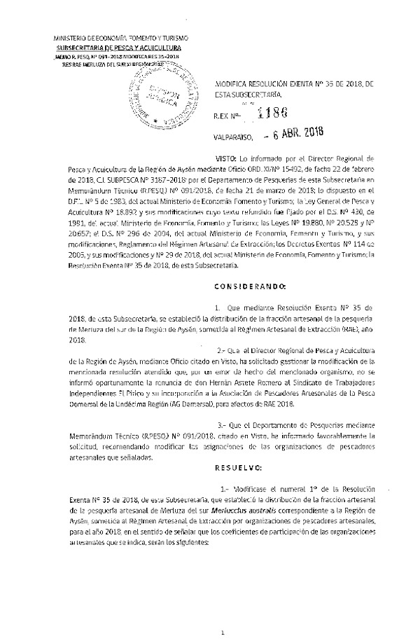 Res. Ex. N° 1186-2018 Modifica Res. Ex. N°35 de 2018, de esta Subsecretaría (Publicado en Página Web 09-04-2018) (F.D.O. 14-04-2018)