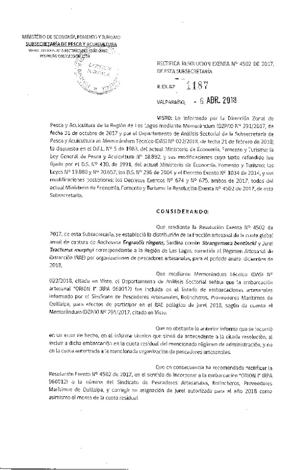 Res. Ex. N° 1187-2018 Rectifica Res. Ex. N° 4502-2017 Distribución de la fracción artesanal anchoveta, sardina común y jurel, X Región, año 2018. (Publicado en Diario Oficial 09-04-2018) (F.D.O. 14-04-2018)