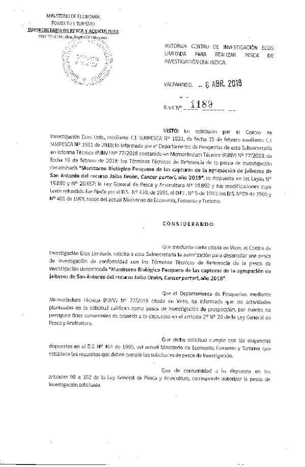 Res. Ex. N° 1189-2018 Monitoreo biológico pesquero de las capturas de la agrupación de jaiberos de San Antonio.