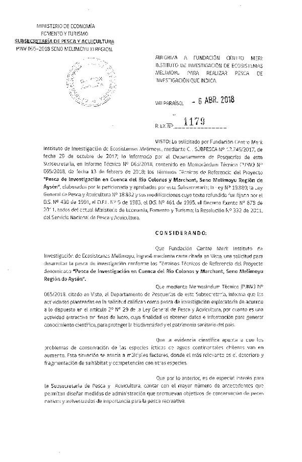 Res. Ex. N° 1179-2018 Pesca de investigación en cuenca del río Colonos y Marchant.