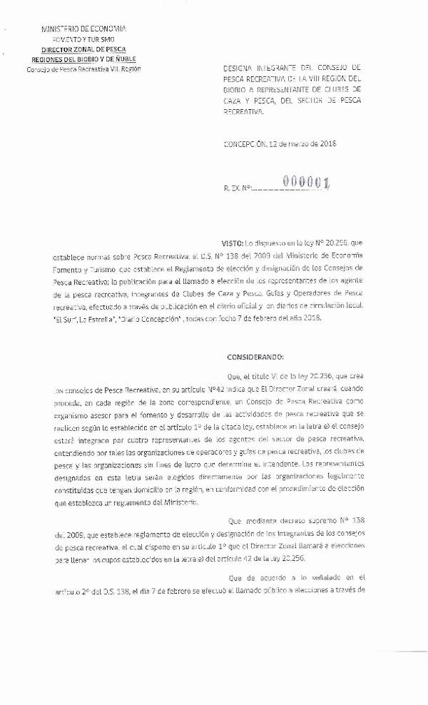 Res. Ex. N° 01-2018 (DZPA/ BIOBIO-ÑUBLE) Designa integrante del Consejo de Pesca Recreativa de la VIII Región del Biobío a Representante de Clubes de Caza y Pesca, del Sector de Pesca Recreativa. (Publicado en Página Web 09-04-2018)