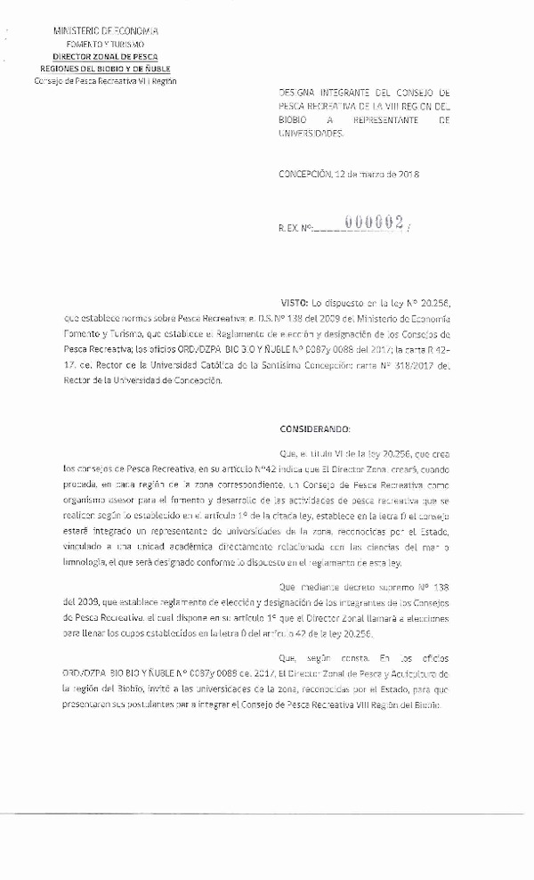 Res. Ex. N° 02-2018 (DZPA/ BIOBIO-ÑUBLE) Designa integrante del Consejo de Pesca Recreativa de la VIII Región del Biobío a Representante de Universidades. (Publicado en Página Web 09-04-2018)