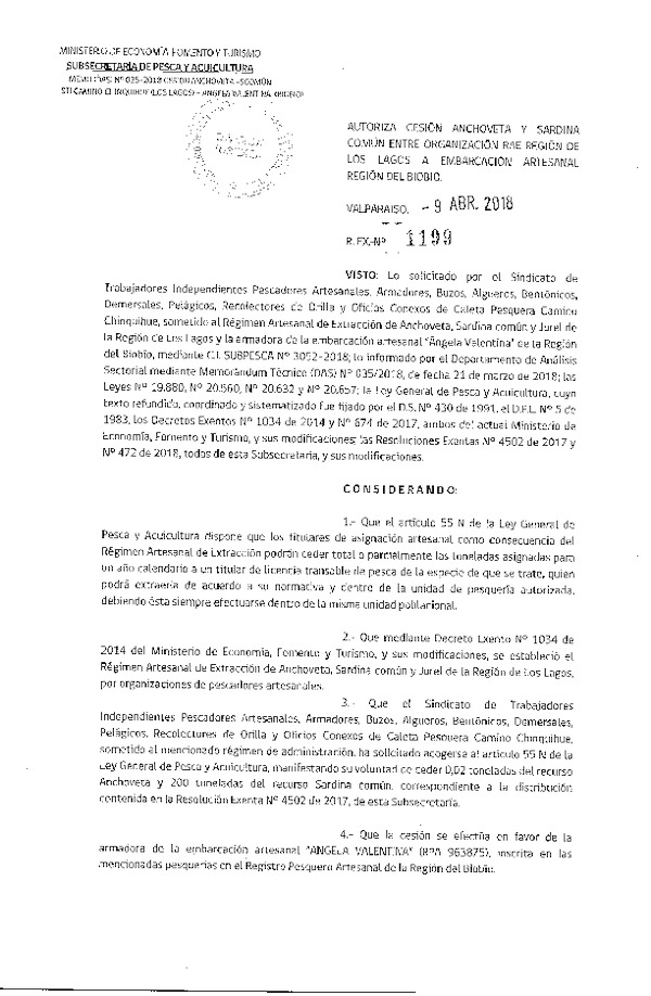 Res. Ex. N° 1199-2018 Autoriza cesión Anchoveta y Sardina Común, Región de Los Lagos a Región del Biobío.