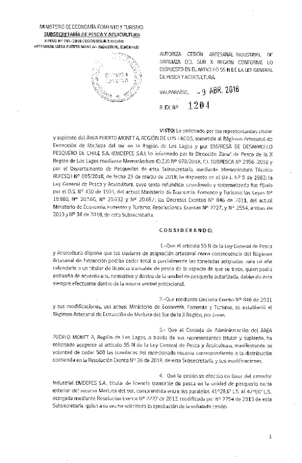 Res. Ex. N° 1204-2018 Cesión Merluza del sur X Región.