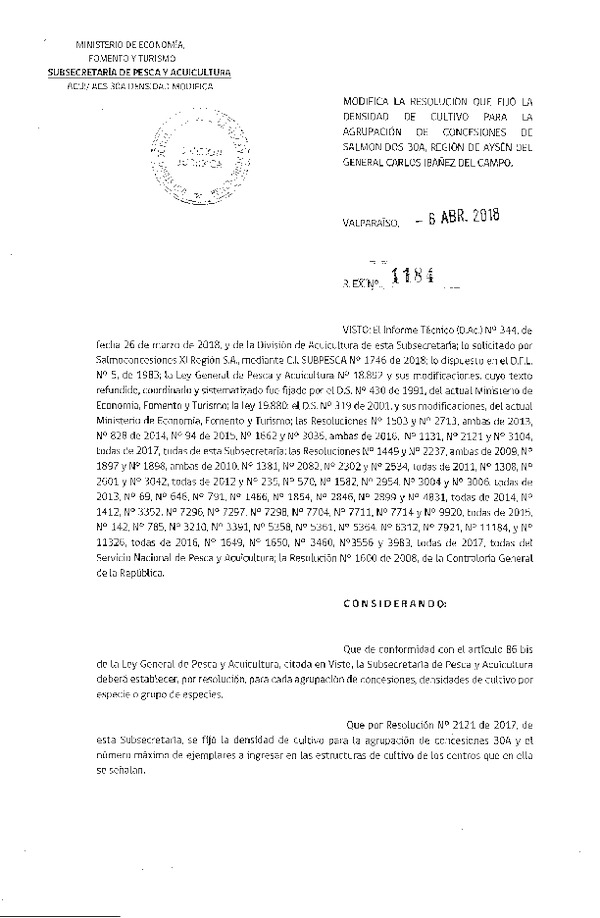 Res. Ex. N° 1184-2018 Modifica Res. Ex. N° 2121-2017 Fija Densidad de Cultivo para la Agrupación de Concesiones de Salmónidos 30 A, XI Región. (Con Informe Técnico) (Publicado en Página Web 10-04-2018) (F.D.O. 14-04-2018)