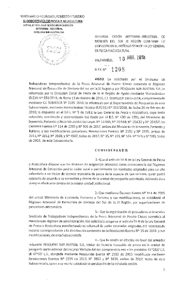 Res. Ex. N° 1208-2018 Cesión Merluza del sur XI Región.
