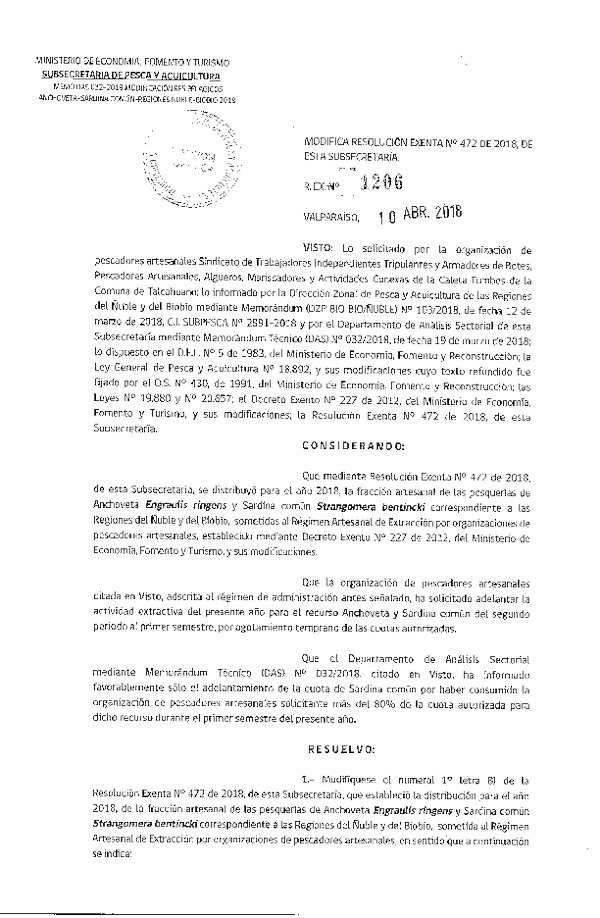 Res. Ex. N° 1206-2018 Modifica Res. Ex. N° 472-2018 Distribución de la fracción artesanal de pesquería de anchoveta y sardina común.