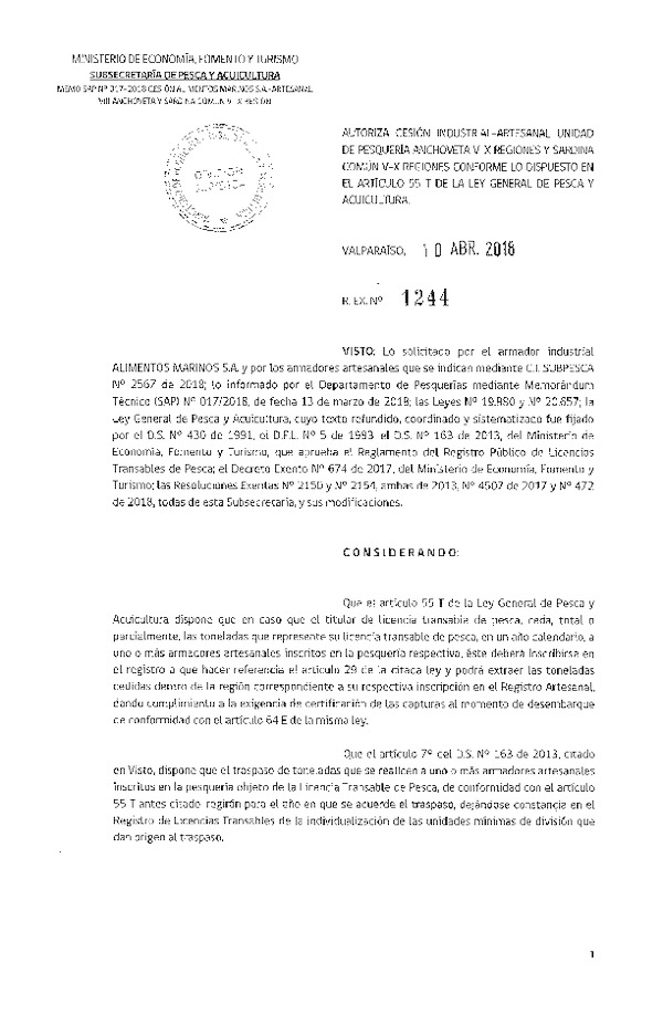 Res. Ex. N° 1244-2018 Autoriza cesión Anchoveta VIII Región.