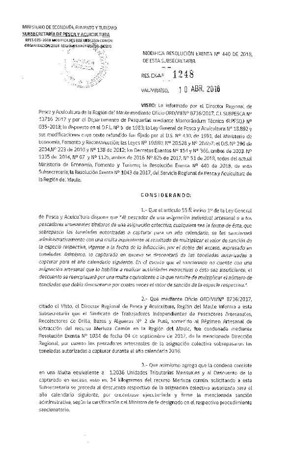 Res. Ex. N° 1248-2018 Modifica Res. Ex. N° 440-2018 Distribución de la fracción artesanal de Pesquería de merluza común por Organización en áreas que indica, año 2018. (Publicado en Página Web 10-04-2018) (F.D.O. 17-04-2018)