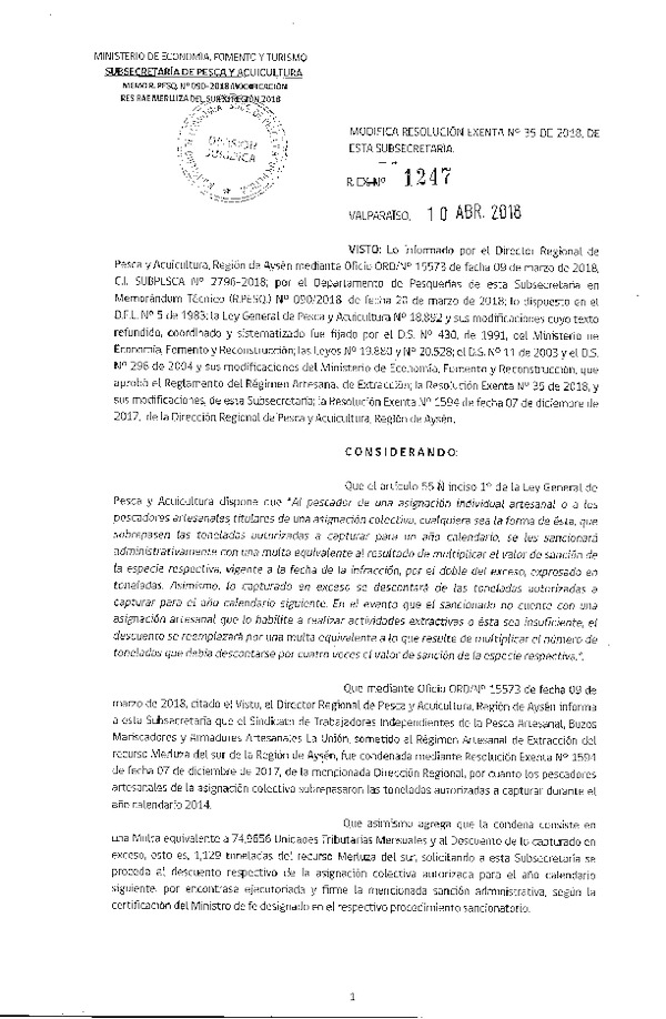 Res. Ex. N° 1247-2018 Modifica Res. Ex. N°35 de 2018, RAE Merluza del sur. (Publicado en Página Web 10-04-2018) (F.D.O. 17-04-2018)