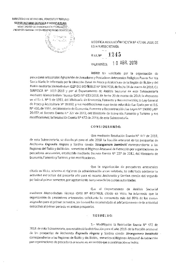 Res. Ex. N° 1245-2018 Modifica Res. Ex. N° 472-2018 Distribución de la fracción artesanal de pesquería de anchoveta y sardina común.