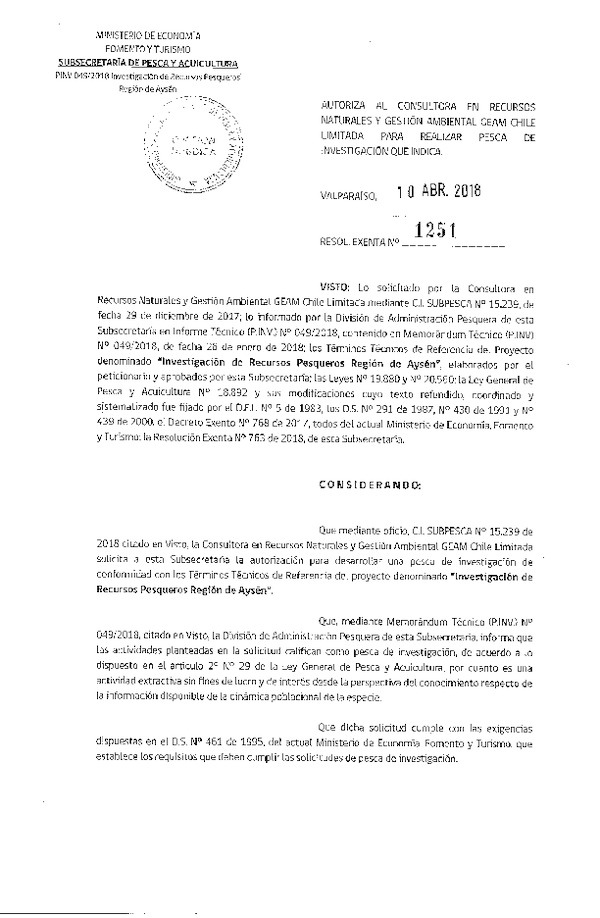 Res. Ex. N° 1251-2018 Investigación de recursos pesqueros Región de Aysén.