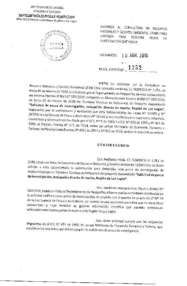 Res. Ex. N° 1252-2018 Solicitud de pesca de Investigación evaluación directa de macha, Región de los Lagos.