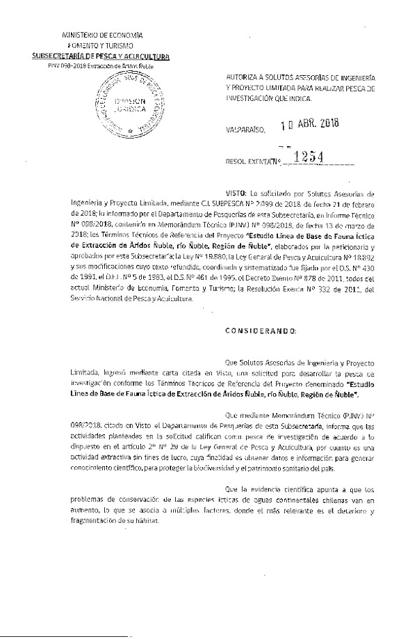 Res. Ex. N° 1254-2018 Estudio línea base de fauna íctica de extracción de áridos, Región de Ñuble.