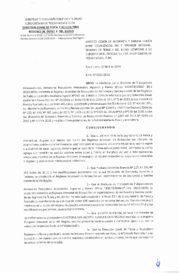 Res. Ex. N° 21-2018 (DZP VIII) Autoriza Cesión Anchoveta y Sardina común, Regiones de Ñuble y del Biobío.