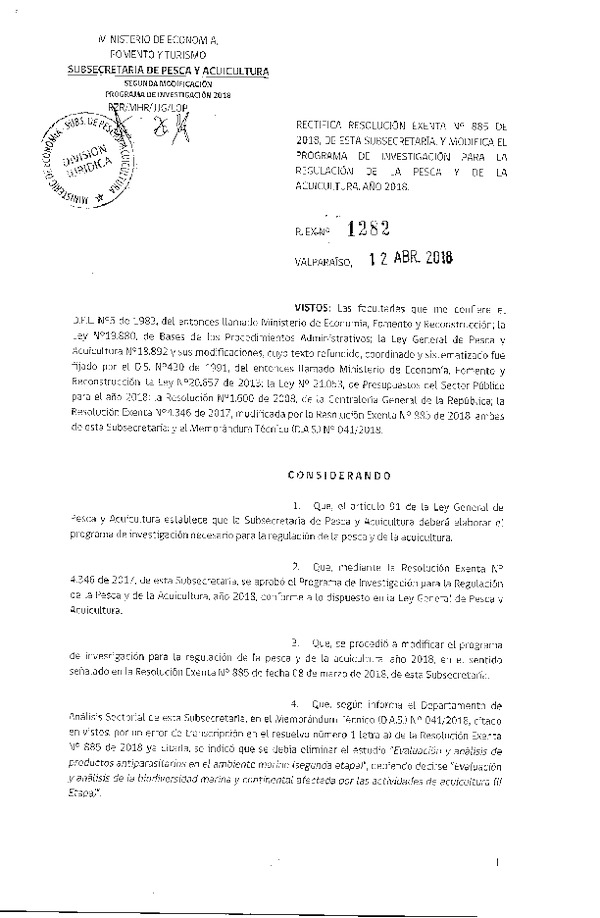 Res. Ex. N° 1282-2018 Rectifica Res. Ex. N° 885-2018 y Modifica el Programa de Investigación para la Regulación de la Pesca y de la Acuicultura, año 2018. (Publicado en Página Web 13-04-2018)