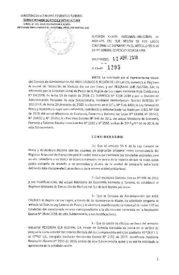 Res. Ex. N° 1295-2018 Cesión Merluza del sur X Región.
