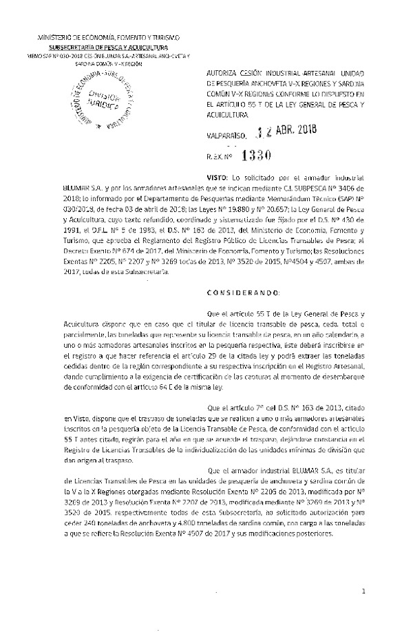 Res. Ex. N° 1330-2018 Autoriza cesión Anchoveta y Sardina común XIV Región.