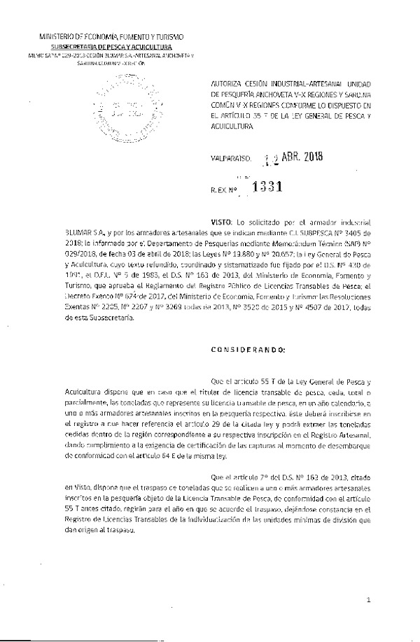 Res. Ex. N° 1331-2018 Autoriza cesión Anchoveta y Sardina común IX Región.