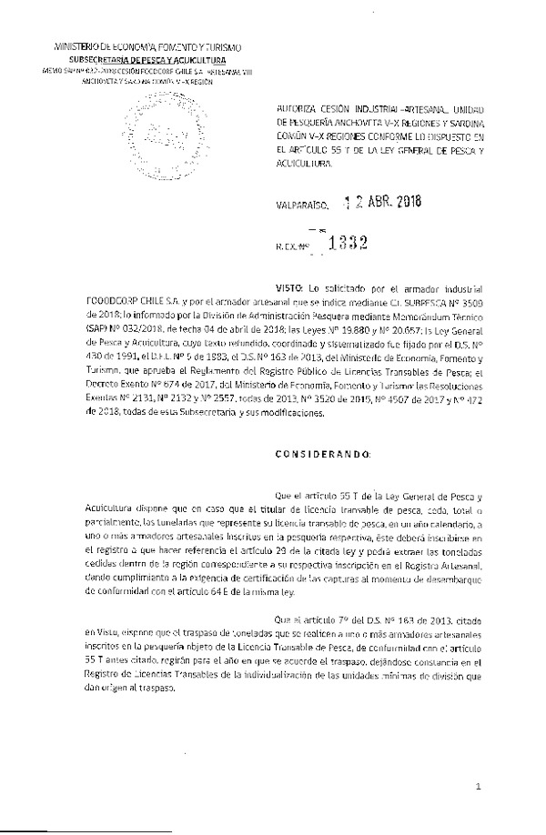 Res. Ex. N° 1332-2018 Autoriza cesión Anchoveta y Sardina común VIII Región.