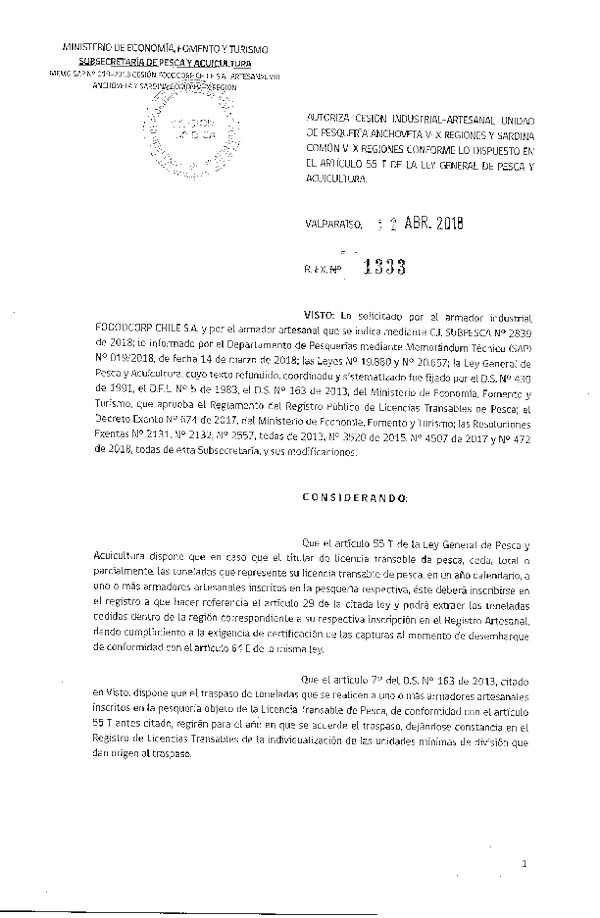 Res. Ex. N° 1333-2018 Autoriza cesión Anchoveta y Sardina común VIII Región.