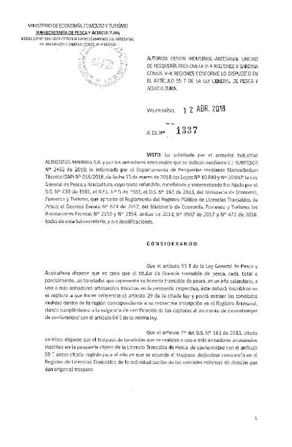Res. Ex. N° 1337-2018 Autoriza cesión Anchoveta y Sardina común VIII Región.